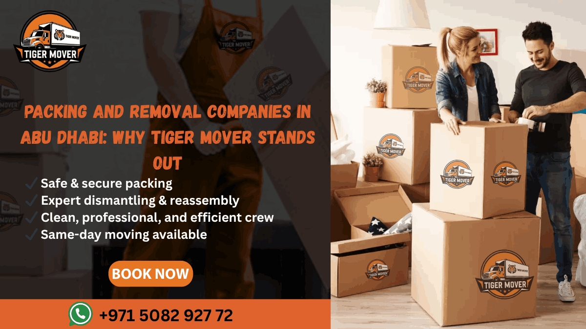 Family with moving boxes and Tiger Mover truck during a sunny Abu Dhabi relocation