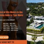 A calculator, moving boxes, and a pricing chart showing villa relocation cost in Abu Dhabi