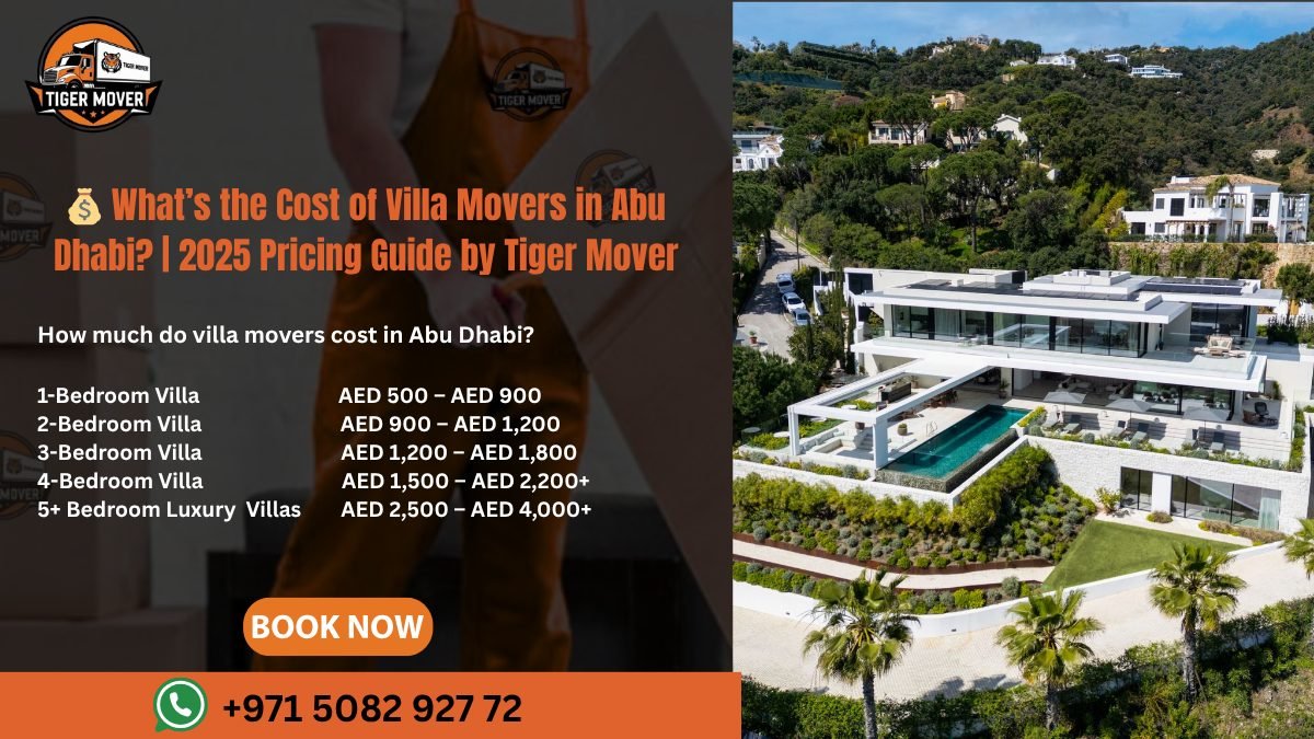 A calculator, moving boxes, and a pricing chart showing villa relocation cost in Abu Dhabi