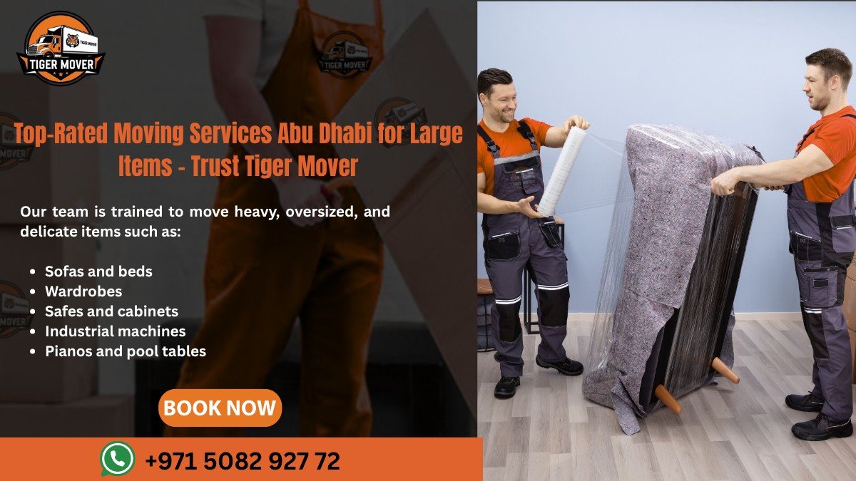 Professional movers in Abu Dhabi lifting large furniture and equipment for a residential or commercial move