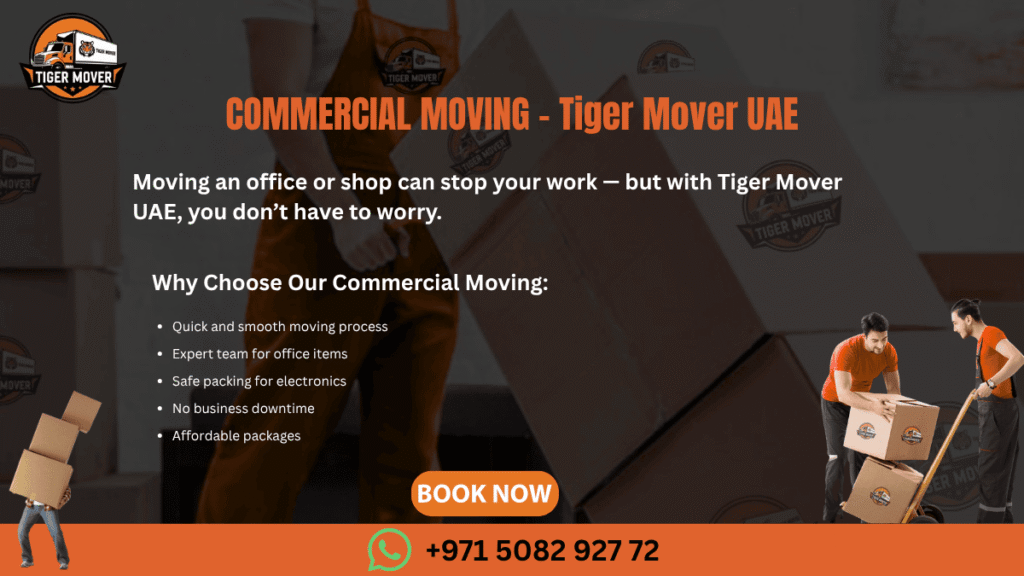 Tiger Mover UAE team relocating office furniture and equipment during a commercial move.