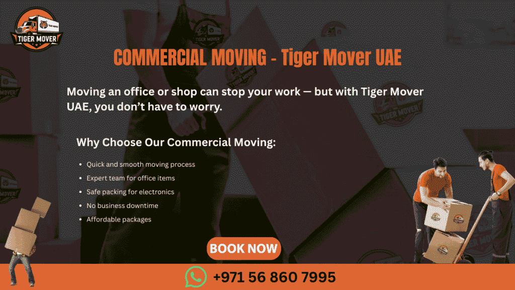 Tiger Mover UAE team relocating office furniture and equipment during a commercial move.