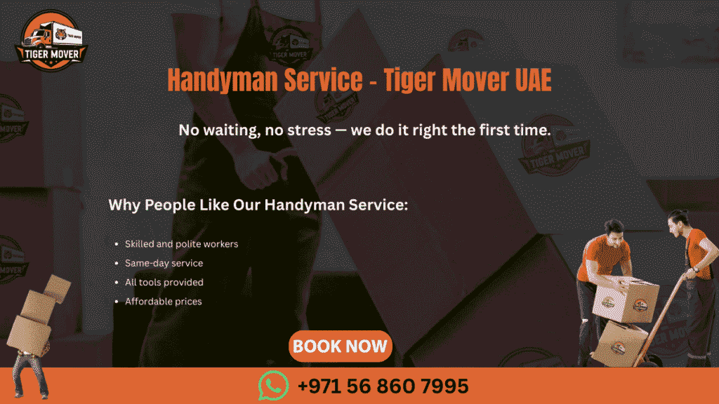 Skilled handyman from Tiger Mover UAE fixing a door hinge during a home repair service.
