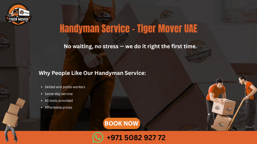Skilled handyman from Tiger Mover UAE fixing a door hinge during a home repair service.