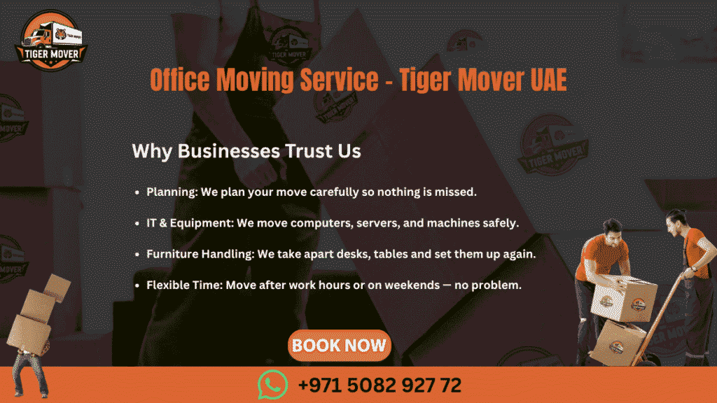 Tiger Mover UAE moving truck with professional movers loading boxes in a residential area.