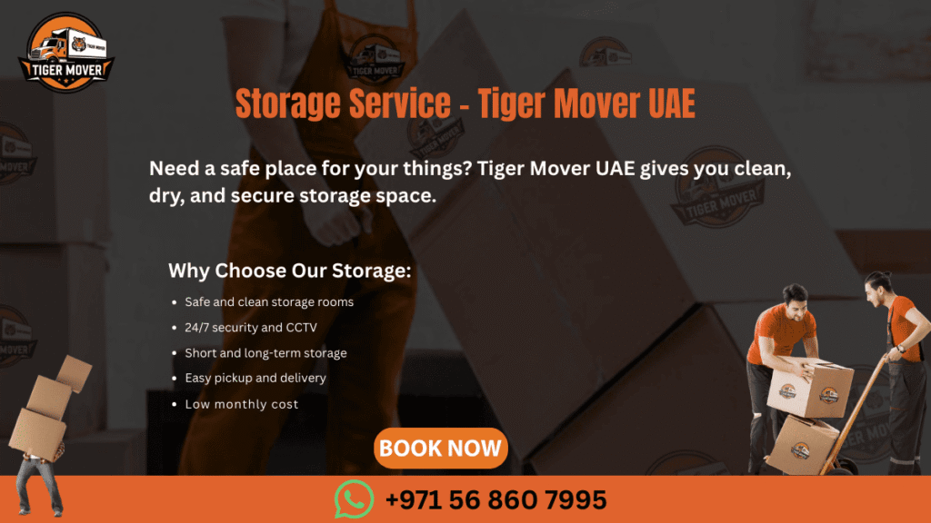 Secure storage units at Tiger Mover UAE with stacked boxes and furniture safely stored.