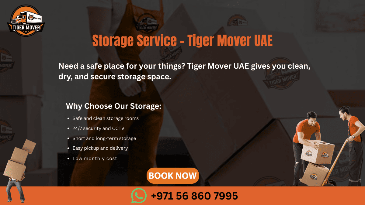 Secure storage units at Tiger Mover UAE with stacked boxes and furniture safely stored.