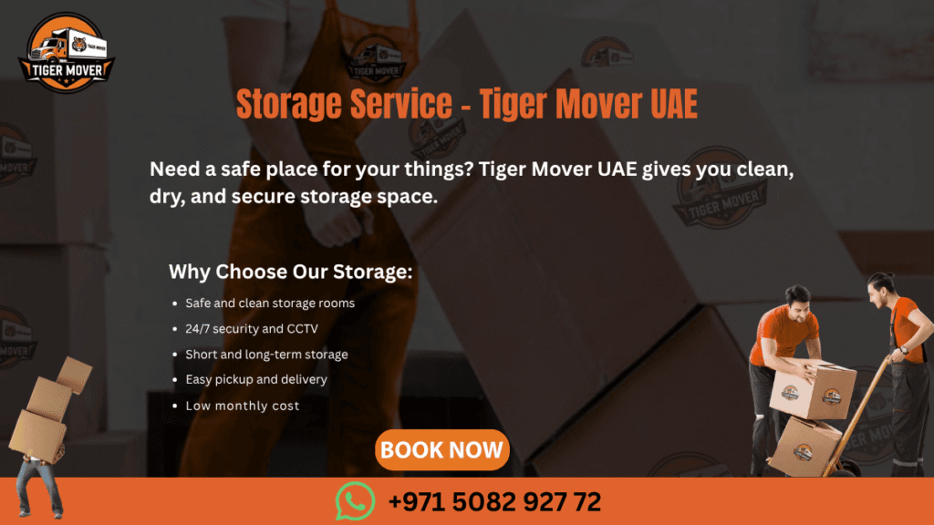 Secure storage units at Tiger Mover UAE with stacked boxes and furniture safely stored.