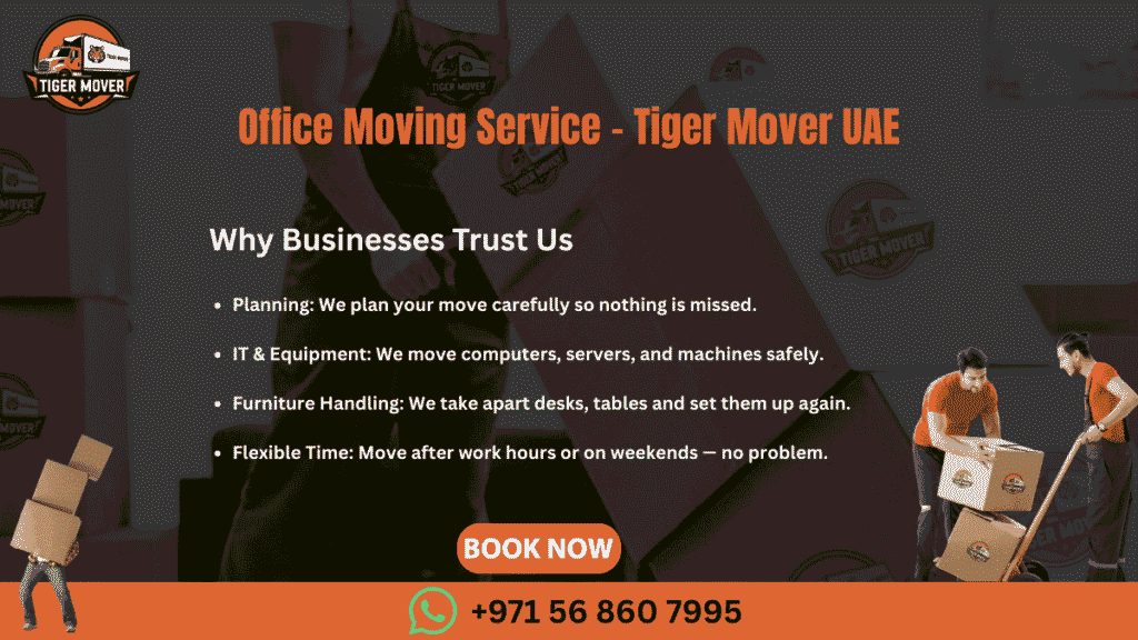 Tiger Mover UAE moving truck with professional movers loading boxes in a residential area.