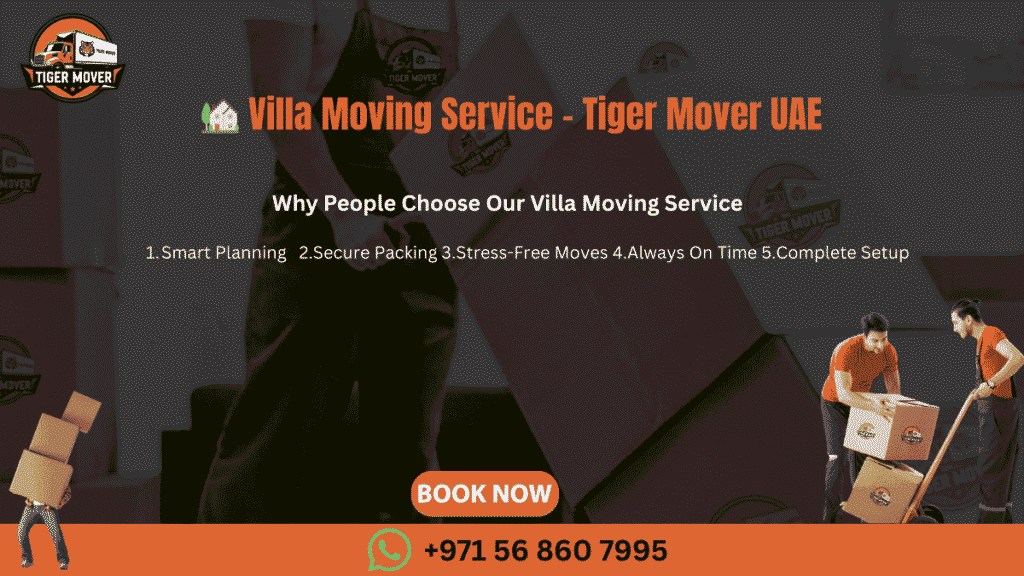 Tiger Mover UAE team carefully moving furniture and boxes during a villa relocation in the UAE.