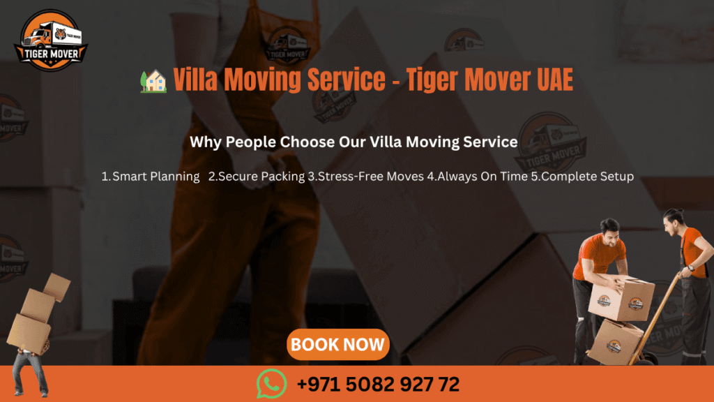 Tiger Mover UAE team carefully moving furniture and boxes during a villa relocation in the UAE.