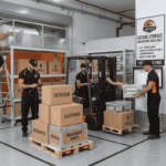 Professional storage facility in Abu Dhabi with securely stored household furniture and moving boxes.