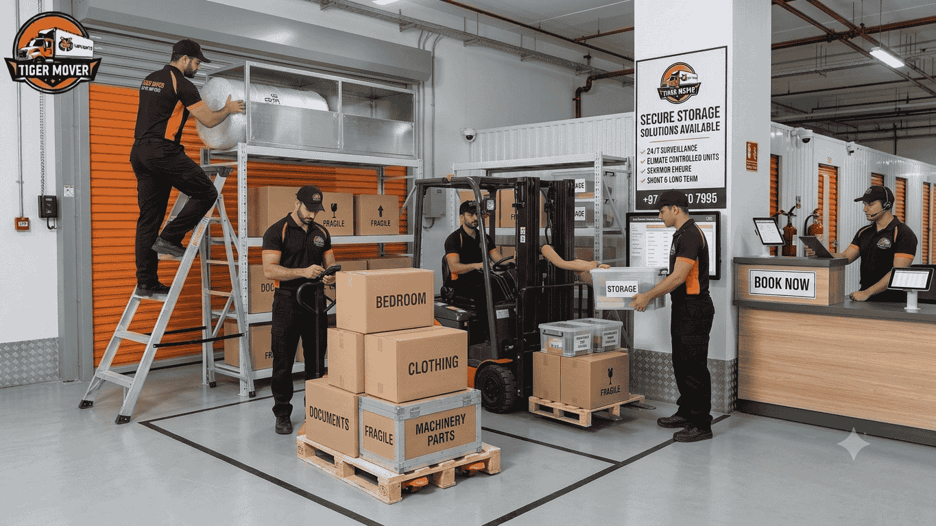 Professional storage facility in Abu Dhabi with securely stored household furniture and moving boxes.