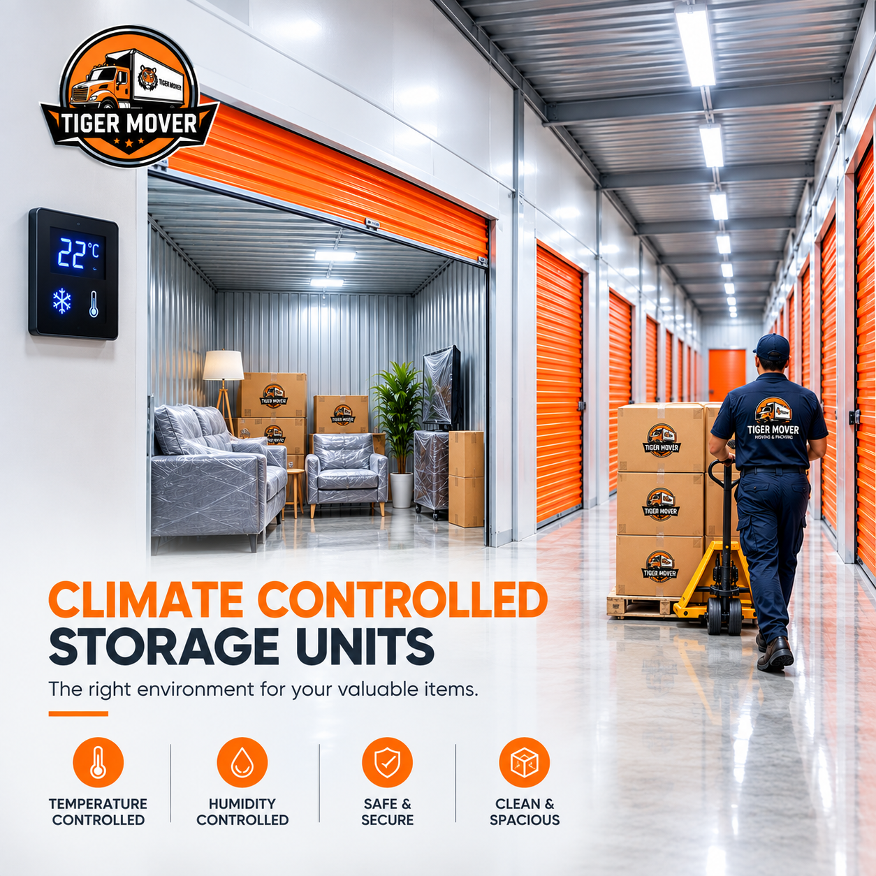 Climate-controlled storage facility with bright orange roll-up doors, a moving worker using a pallet jack, and a storage unit containing wrapped furniture and moving boxes.