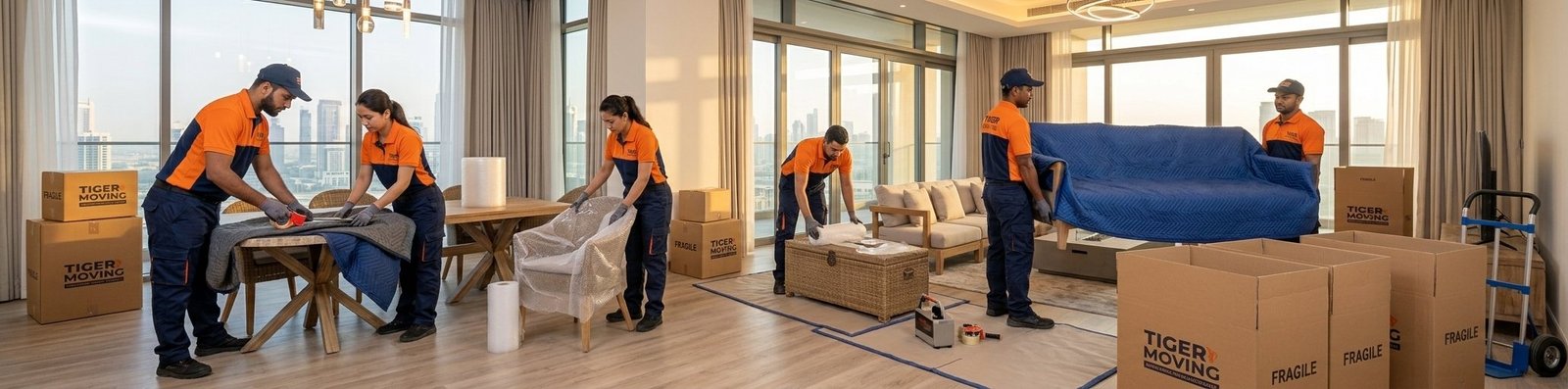 Professional movers wrapping a soft modern sofa in protective padded blankets and shrink wrap for safe transport.