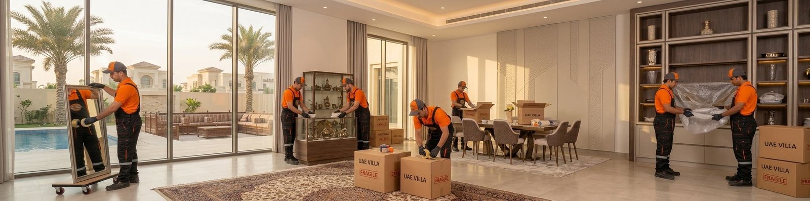 Professional home movers in orange and black uniforms packing household items into labeled cardboard boxes inside a modern residence.