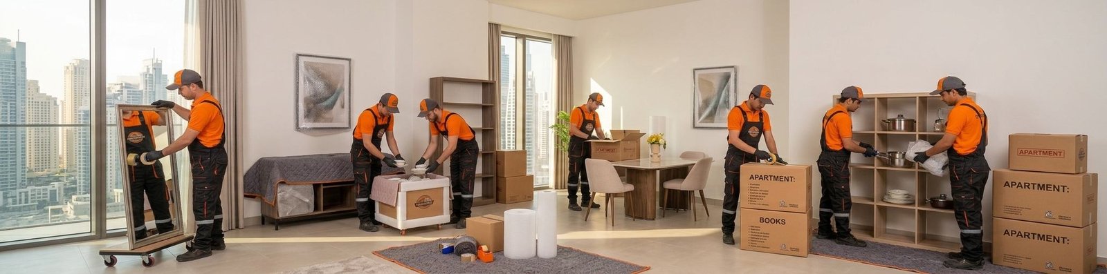 Professional movers in orange uniforms carefully packing glassware into labeled cardboard boxes using protective bubble wrap.