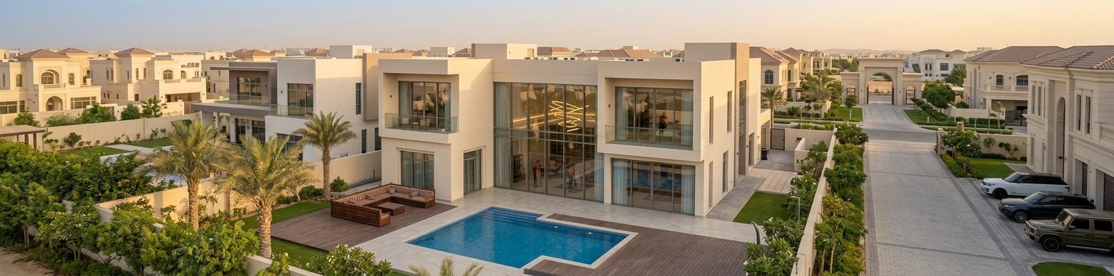 Professional villa movers in orange uniforms carefully packing furniture and loading a moving truck outside a luxury villa in Abu Dhabi.