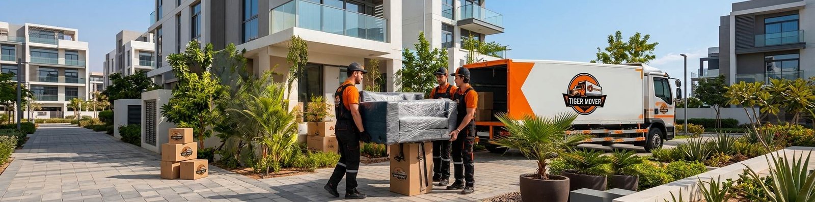 Our professional movers in orange and black uniforms carefully navigating apartment hallways and stairs, wrapping furniture, and loading a Tiger Moving truck outside a high-rise residential building.