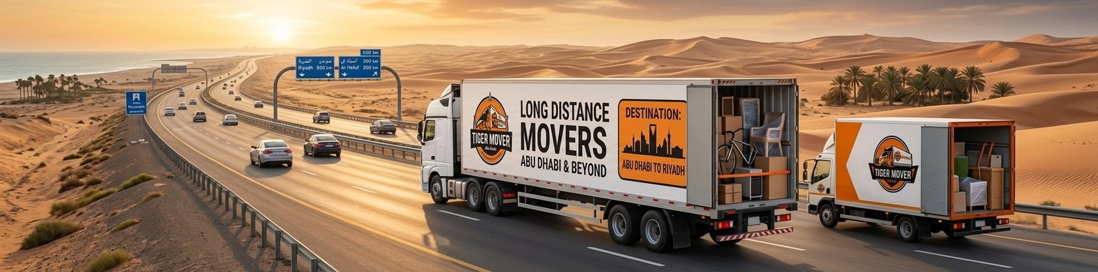 Tiger Mover long-distance moving truck carrying home furniture on a highway from Abu Dhabi to Riyadh.