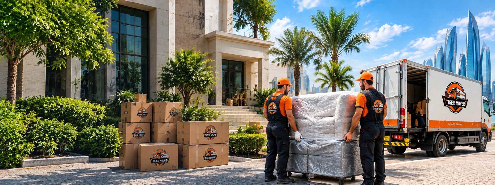 Professional movers and packers in Abu Dhabi handling furniture with a Tiger Mover truck outside a luxury villa